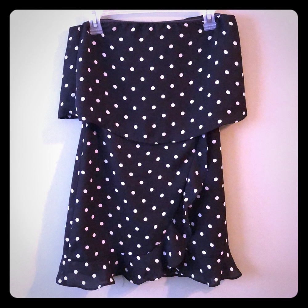 Black strapless dress with white polka dots